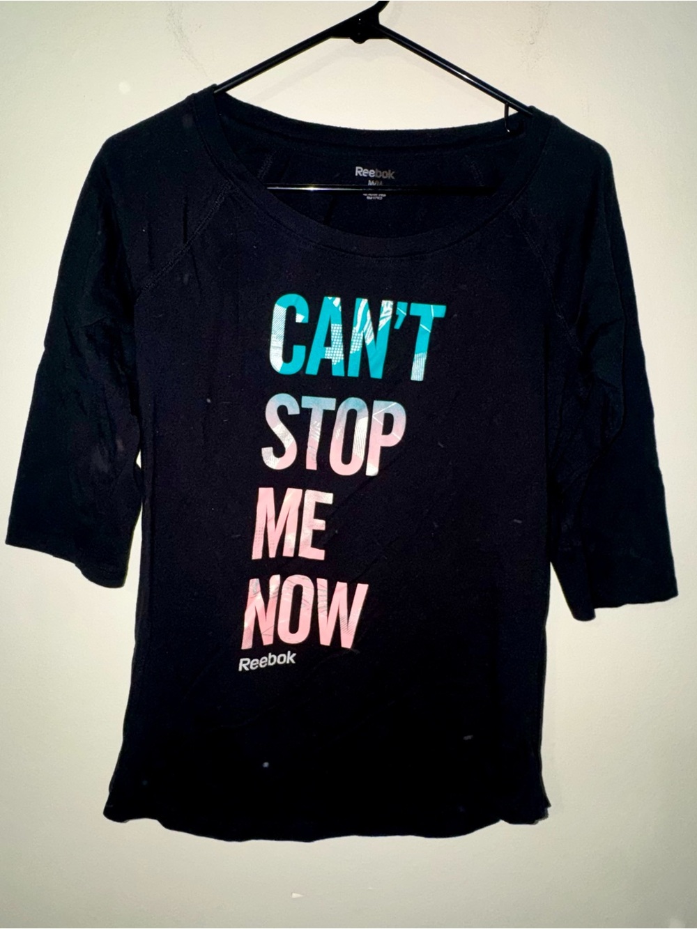 Reebok "Don't Stop Me Now" Black 3/4 Sleeve Tee Ombre Graphic